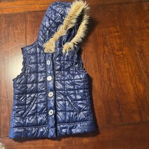 Justice‎ Navy Blue Quilted Hooded Vest with Faux Fur Trim - Girls 14